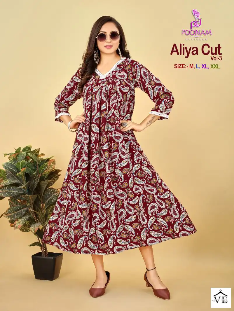 Poonam Aliya Cut Vol 3 Rayon Wholesale Long Kurti Catalog — Wholesale Kurtis, MPA wholesale from Surat - Gallery Image 2