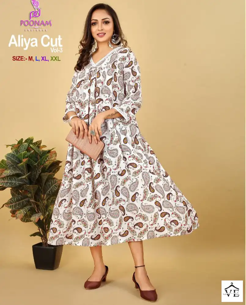 Poonam Aliya Cut Vol 3 Rayon Wholesale Long Kurti Catalog — Wholesale Kurtis, MPA wholesale from Surat — view 1