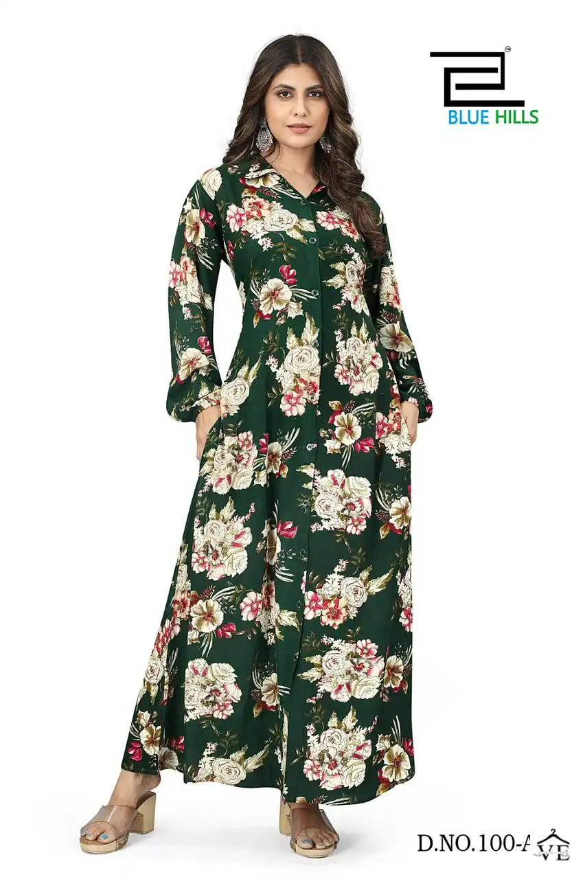 Blue Hills Rochelle Premium 14 Wrinkle Rayon Wholesale Long Gown Catalog — Wholesale Kurtis, MPA wholesale from Surat - Gallery Image 2