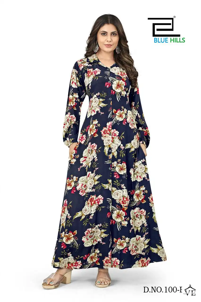 Blue Hills Rochelle Premium 14 Wrinkle Rayon Wholesale Long Gown Catalog — Wholesale Kurtis, MPA wholesale from Surat - Gallery Image 3