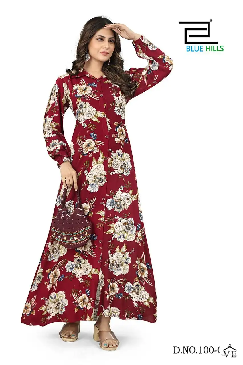 Blue Hills Rochelle Premium 14 Wrinkle Rayon Wholesale Long Gown Catalog — Wholesale Kurtis, MPA wholesale from Surat - Gallery Image 4