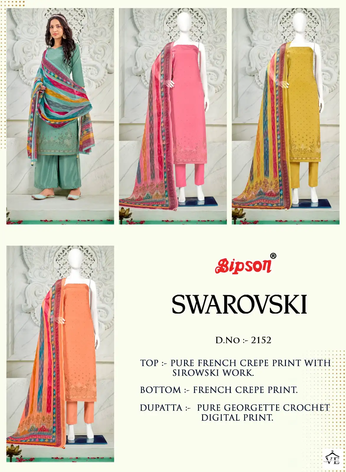 Bipson Swarovski 2152 Pure French Creape Print Wholesale Salwar Suit Catalog — Wholesale Salwar Suits, MPA wholesale from Surat — view 5