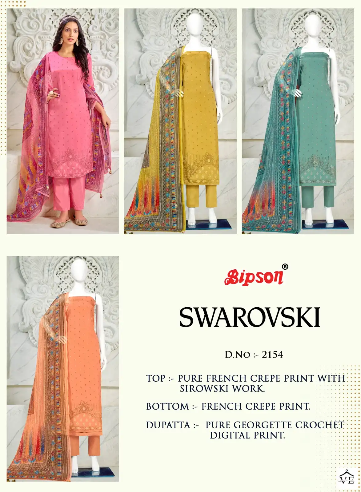 Bipson Swarovski 2154 Pure French Creape Print Wholesale Salwar Suit Catalog — Wholesale Salwar Suits, MPA wholesale from Surat — view 5
