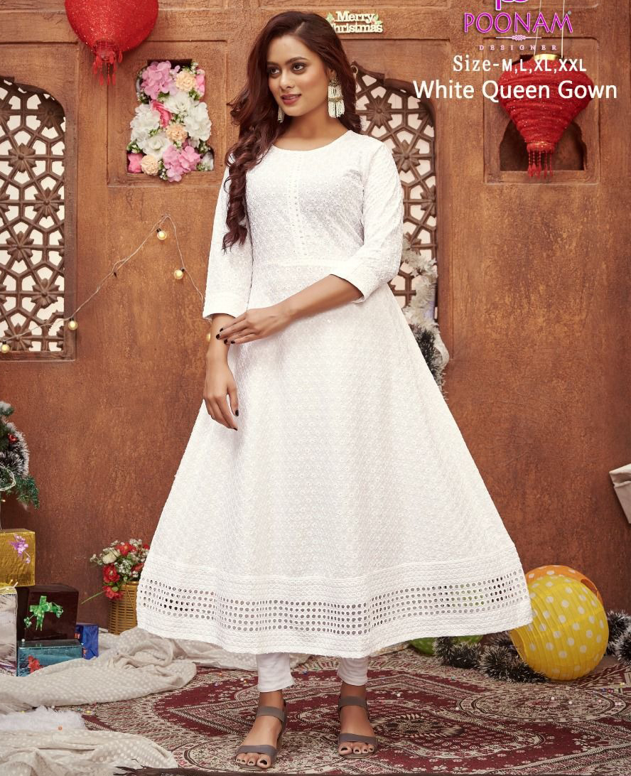 Poonam Designer White Queen Rayon Wholesale Long Gown Catalog — Wholesale Kurtis, MPA wholesale from Surat — view 1