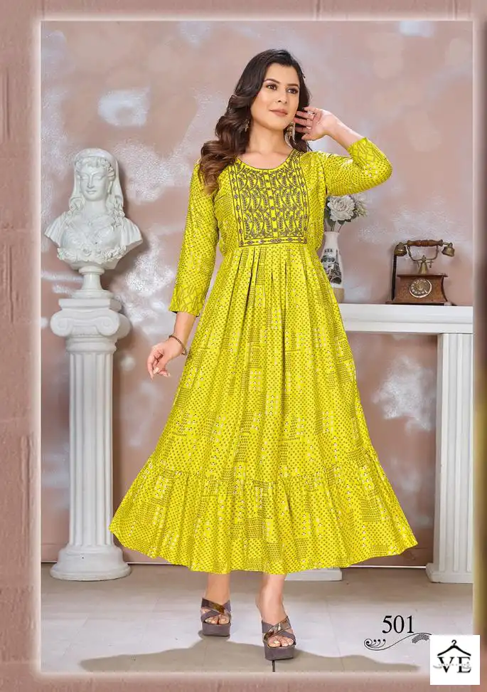 VE Blessed-3 14 Kg Heavy Rayon Wholesale Flared Kurta Catalog — Wholesale Kurtis, MPA wholesale from Surat - Gallery Image 3