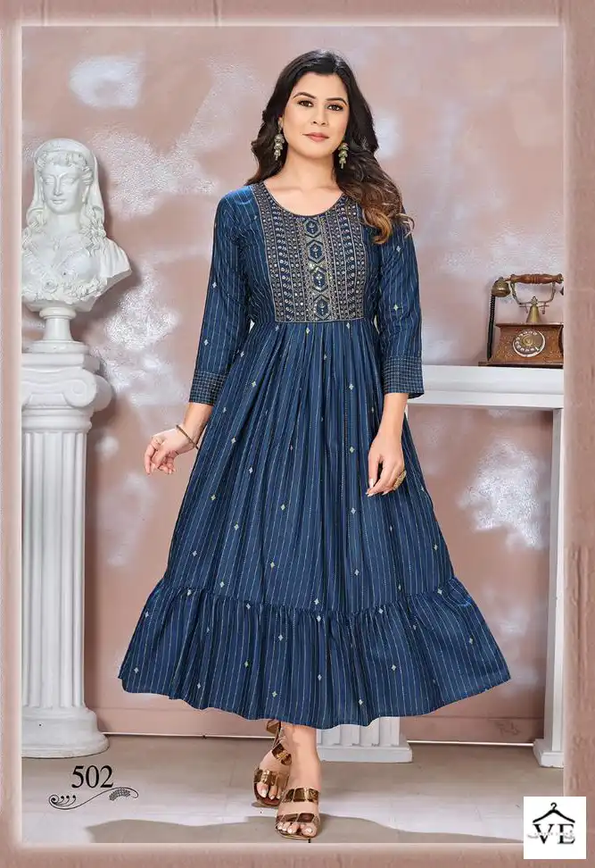 VE Blessed-3 14 Kg Heavy Rayon Wholesale Flared Kurta Catalog — Wholesale Kurtis, MPA wholesale from Surat - Gallery Image 4