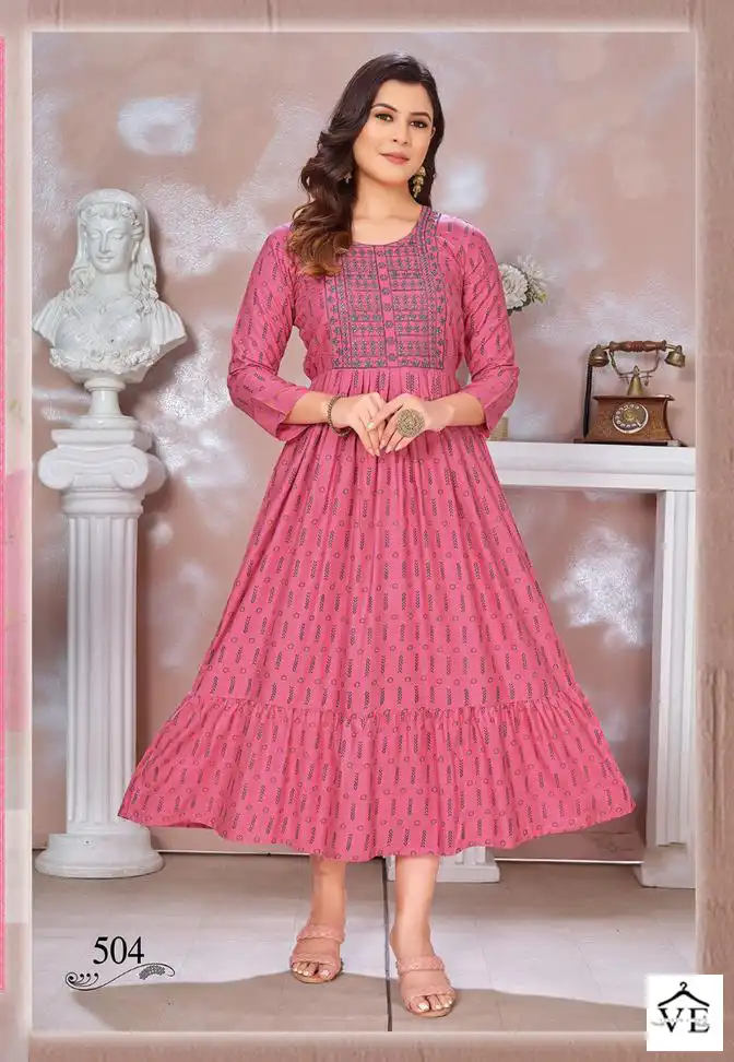 VE Blessed-3 14 Kg Heavy Rayon Wholesale Flared Kurta Catalog — Wholesale Kurtis, MPA wholesale from Surat - Gallery Image 6