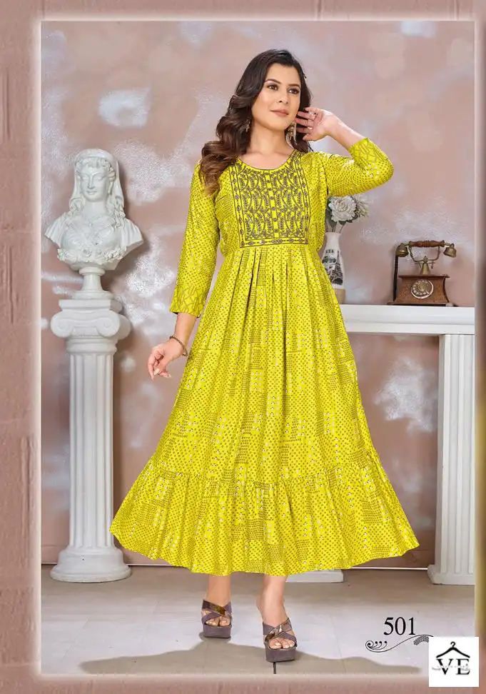 Vardan Ethnic Blessed 3 14 Kg Heavy Rayon Wholesale Long Kurtis Catalog — Wholesale Kurtis, MPA wholesale from Surat - Gallery Image 5