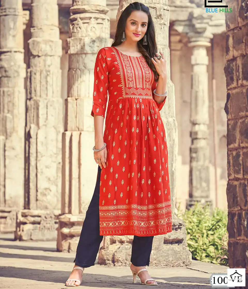 Blue Hills Divine Rayon 14Kg Wholesale Nayra Cut Kurti Catalog — Wholesale Kurtis, MPA wholesale from Surat — view 1