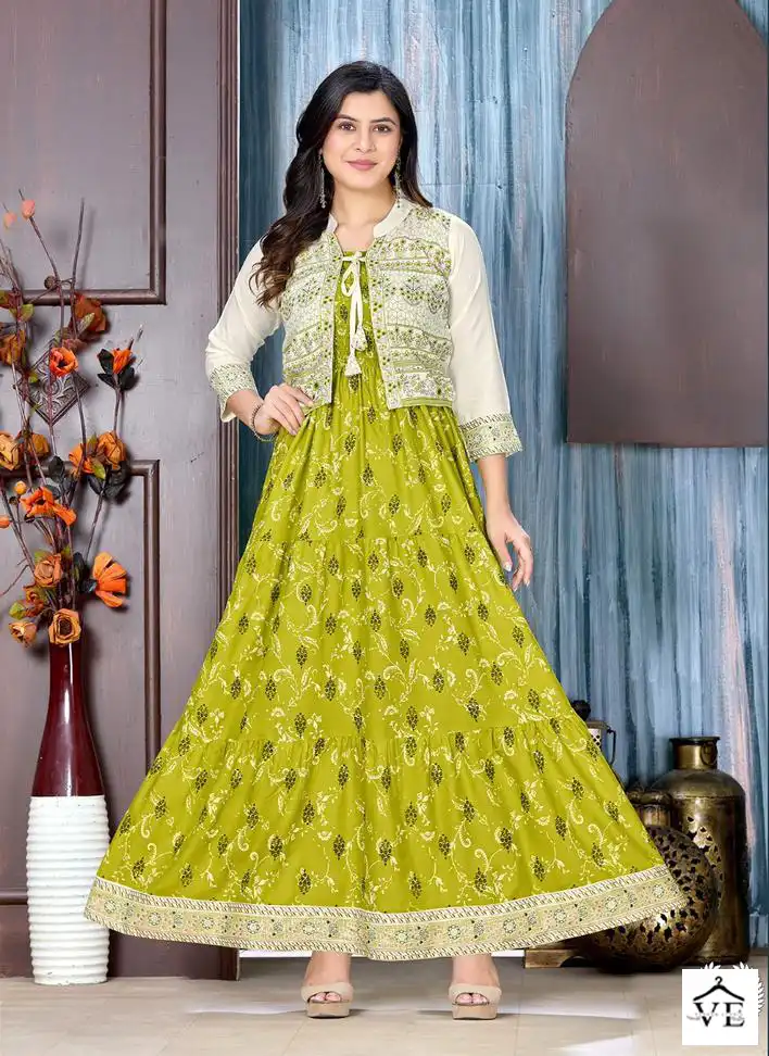 VE Fashion Talk The Glow Zone Heavy Rayon 14 Kg Wholesale Kurti With Jacket Catalog — Rayon Kurti, MPA wholesale from Surat - Gallery Image 5