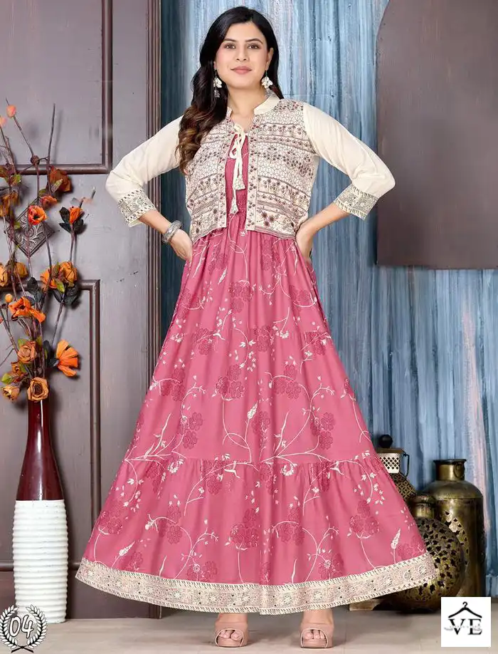 VE Fashion Talk The Glow Zone Heavy Rayon 14 Kg Wholesale Kurti With Jacket Catalog — Rayon Kurti, MPA wholesale from Surat — view 1