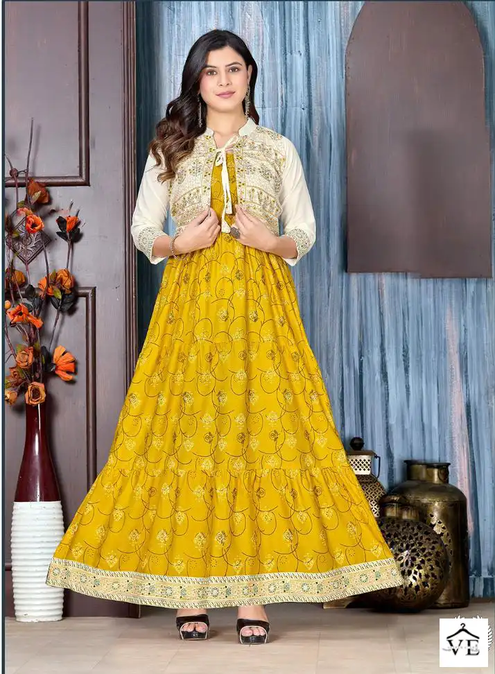 VE Fashion Talk The Glow Zone Heavy Rayon 14 Kg Wholesale Kurti With Jacket Catalog — Rayon Kurti, MPA wholesale from Surat - Gallery Image 4