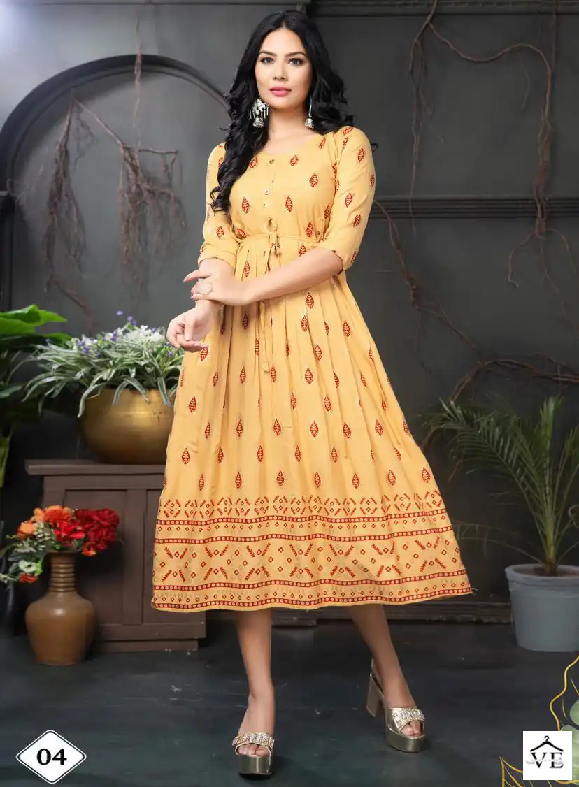 Vardan Ethnic Golden Malini Rayon Wholesale Long Kurtis Catalog — Wholesale Kurtis, MPA wholesale from Surat — view 1
