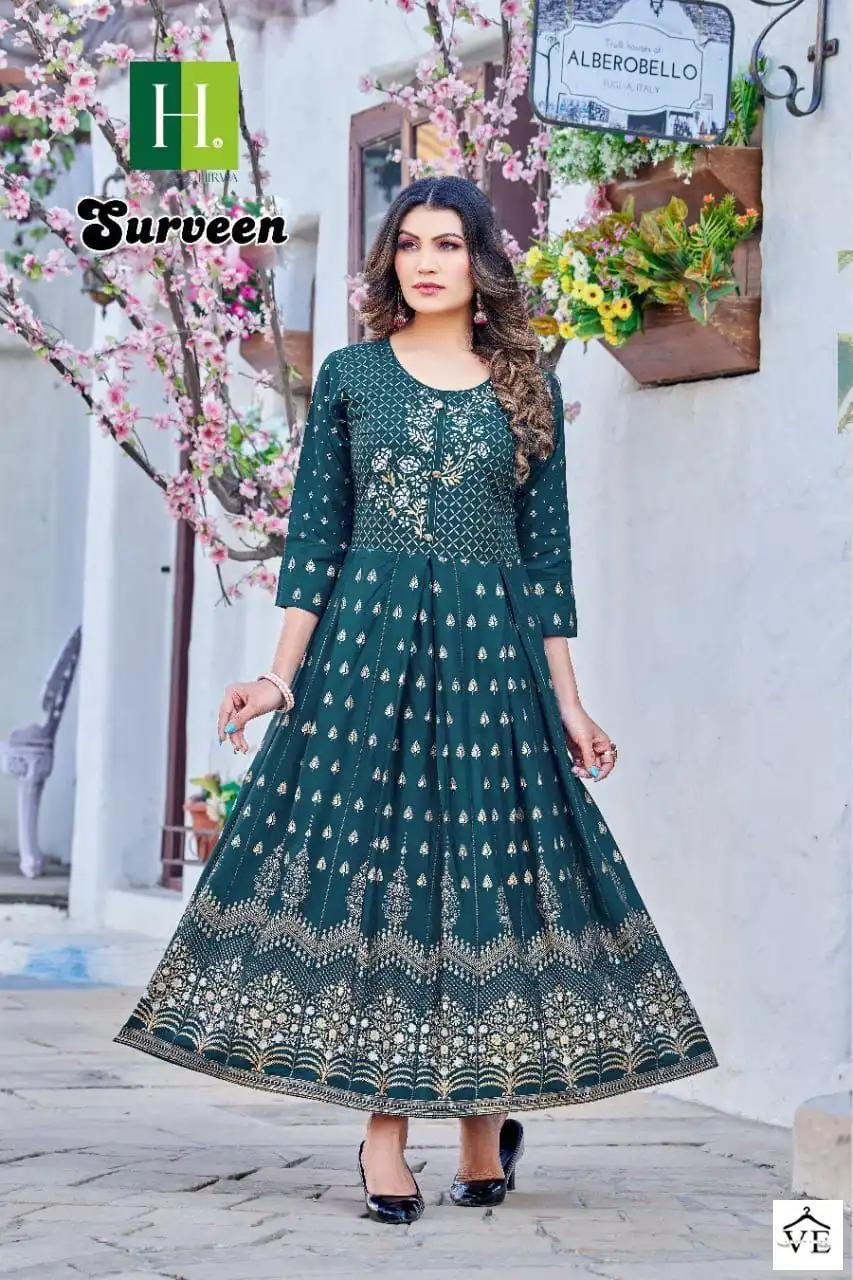 Hirwa Golden Surveen Heavy Rayon Wholesale Long Kurtis Catalog — Wholesale Kurtis, MPA wholesale from Surat - Gallery Image 3