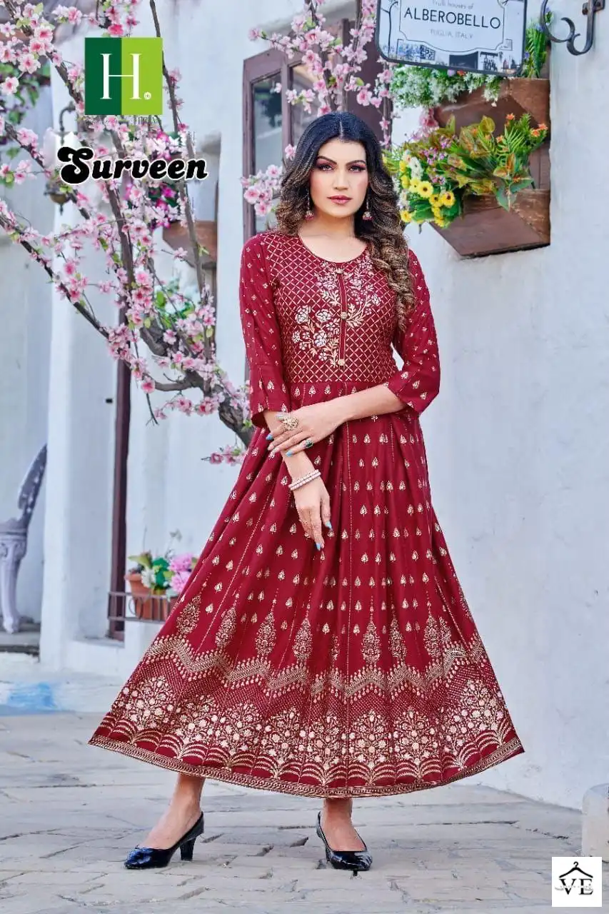 Hirwa Golden Surveen Heavy Rayon Wholesale Long Kurtis Catalog — Wholesale Kurtis, MPA wholesale from Surat - Gallery Image 4