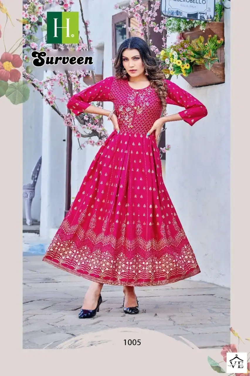 Hirwa Golden Surveen Heavy Rayon Wholesale Long Kurtis Catalog — Wholesale Kurtis, MPA wholesale from Surat - Gallery Image 6