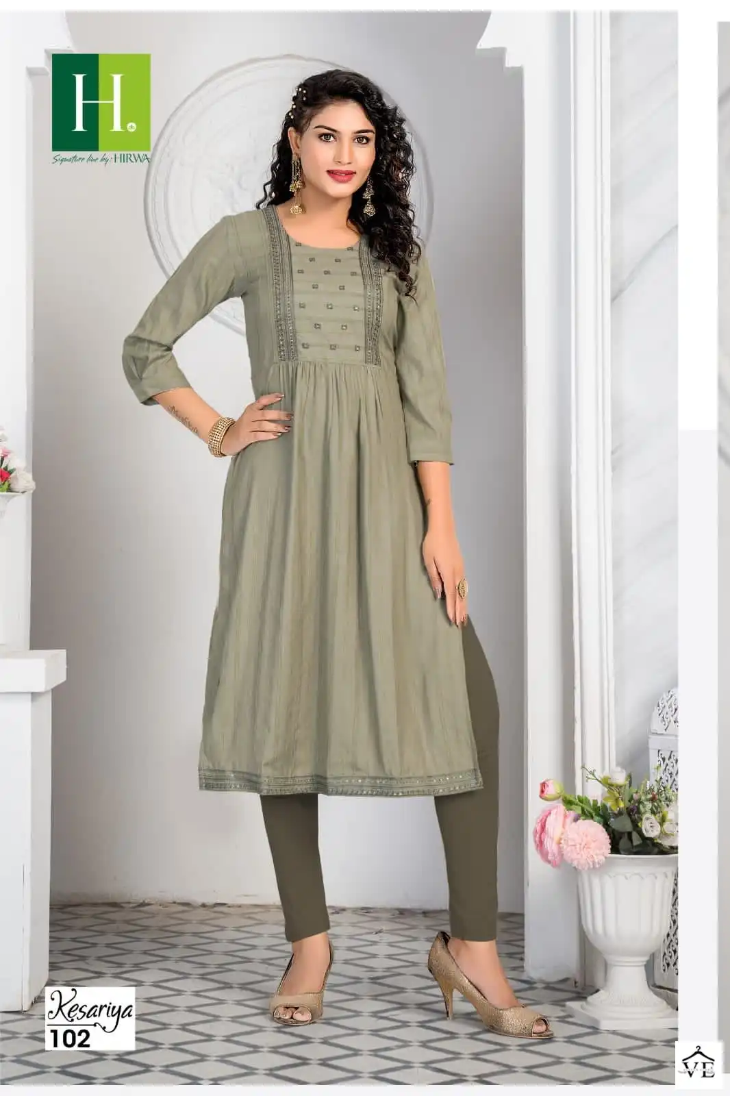 Hirwa Kesariya Fancy Viscose Rayon Wholesale Naira Cut Kurtis Catalog — Wholesale Kurtis, MPA wholesale from Surat - Gallery Image 2