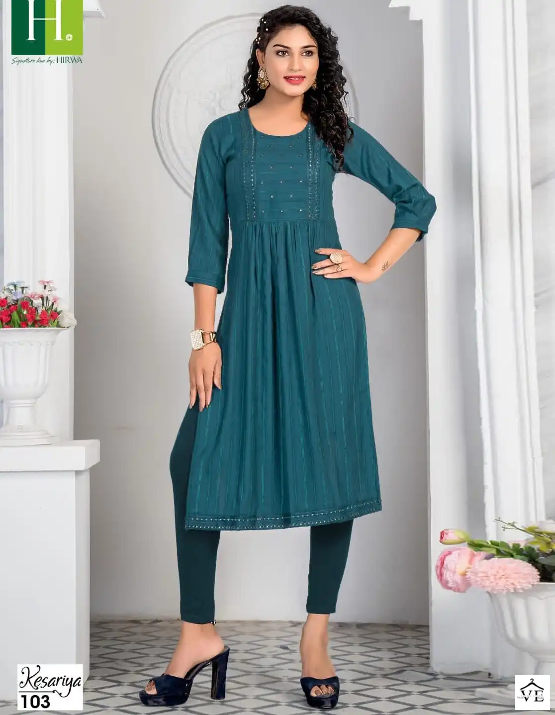 Hirwa Kesariya Fancy Viscose Rayon Wholesale Naira Cut Kurtis Catalog — Wholesale Kurtis, MPA wholesale from Surat — view 1