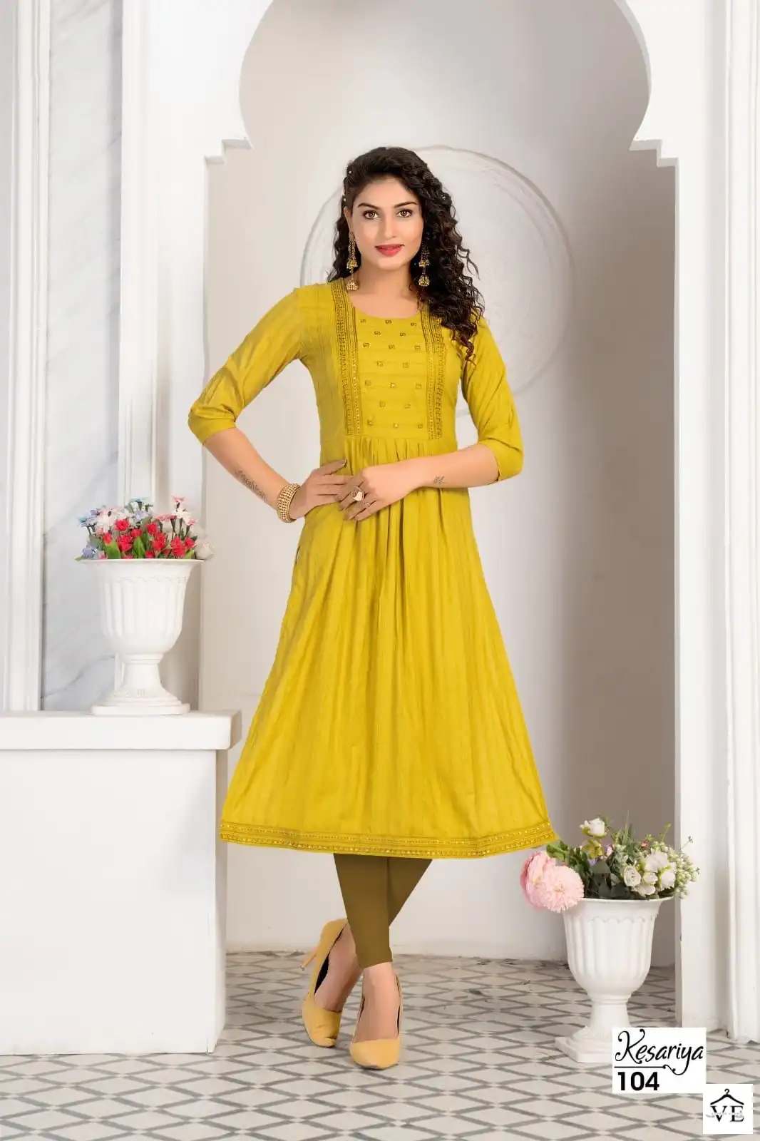 Hirwa Kesariya Fancy Viscose Rayon Wholesale Naira Cut Kurtis Catalog — Wholesale Kurtis, MPA wholesale from Surat - Gallery Image 3