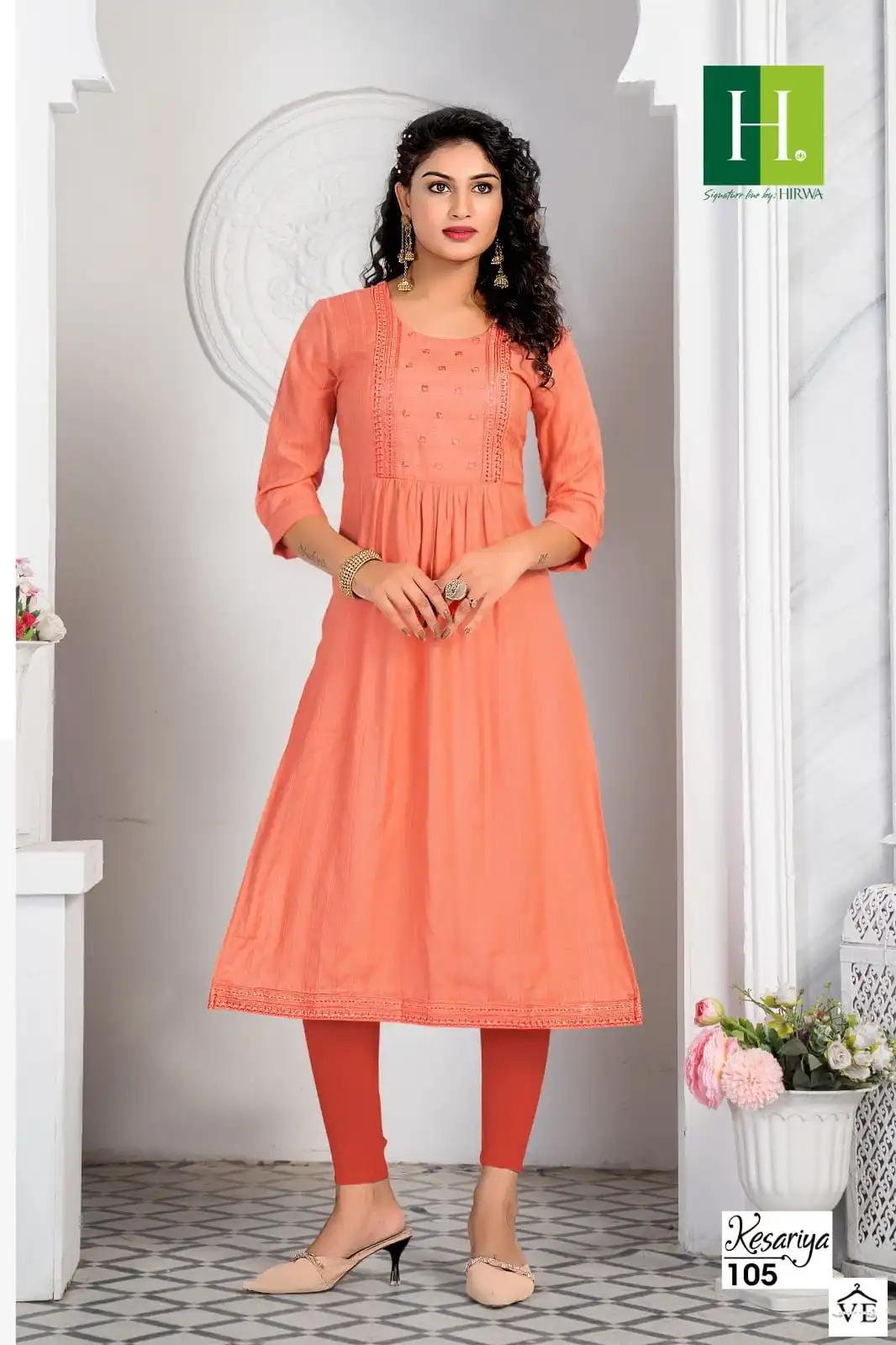 Hirwa Kesariya Fancy Viscose Rayon Wholesale Naira Cut Kurtis Catalog — Wholesale Kurtis, MPA wholesale from Surat - Gallery Image 4