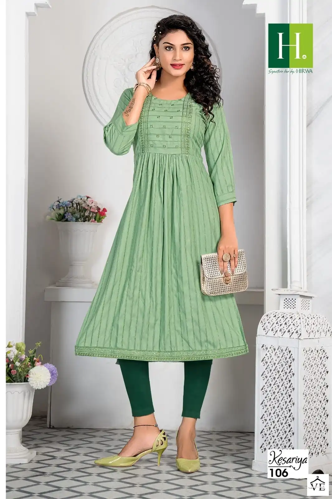 Hirwa Kesariya Fancy Viscose Rayon Wholesale Naira Cut Kurtis Catalog — Wholesale Kurtis, MPA wholesale from Surat - Gallery Image 5