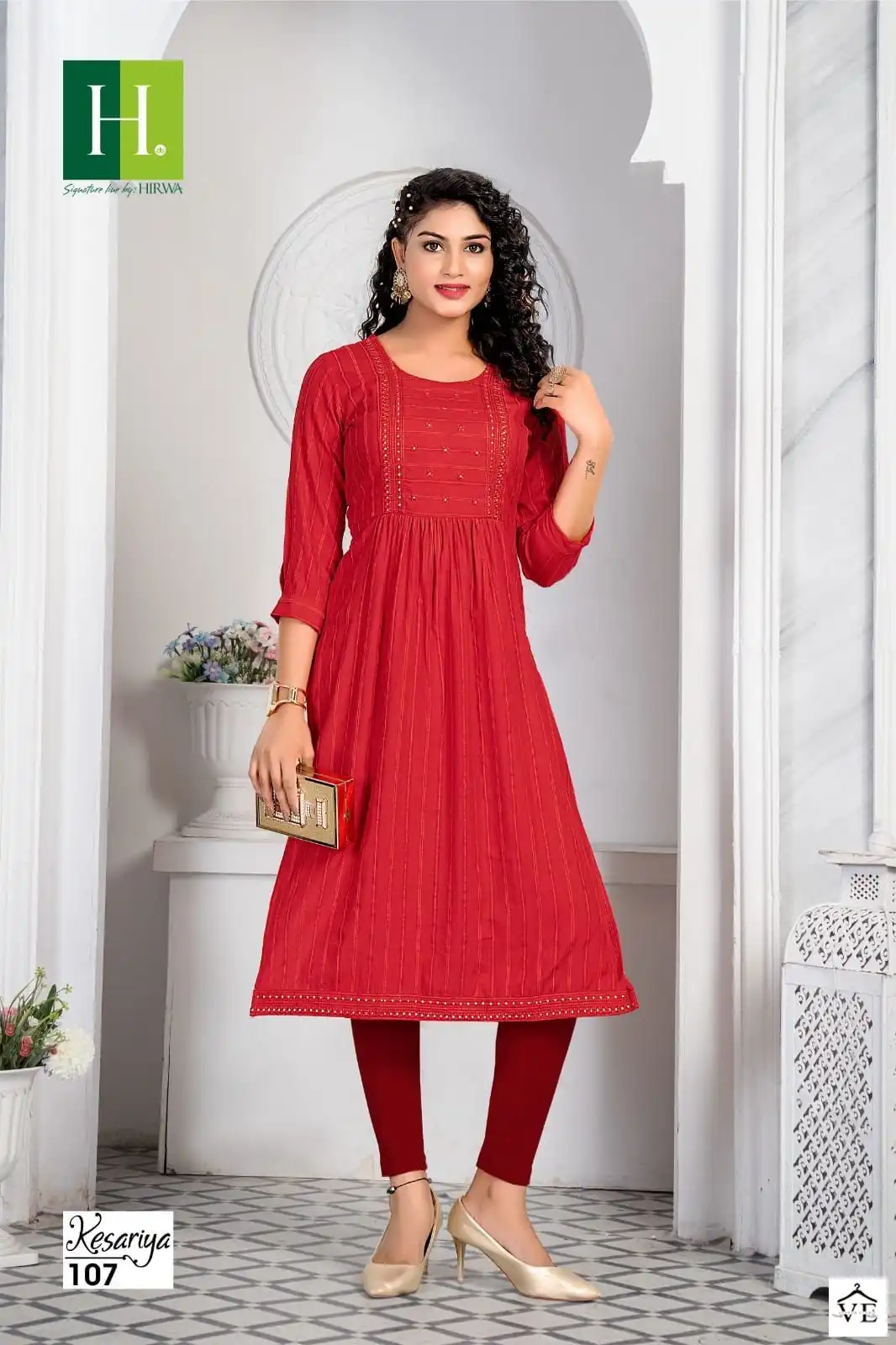 Hirwa Kesariya Fancy Viscose Rayon Wholesale Naira Cut Kurtis Catalog — Wholesale Kurtis, MPA wholesale from Surat - Gallery Image 6