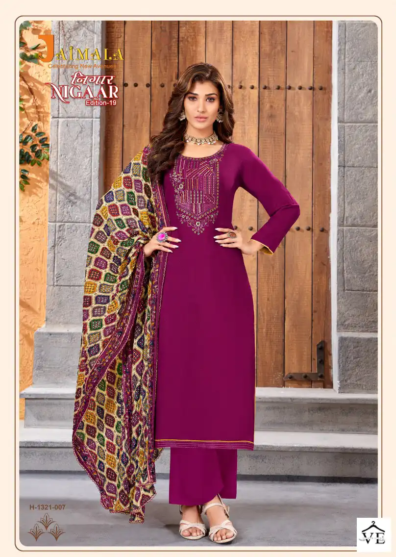 Alok Suits Jaimala Nigaar Vol 19 Pure Rayon Slub Wholesale Salwar Suit Catalog — Wholesale Salwar Suits, MPA wholesale from Surat - Gallery Image 3