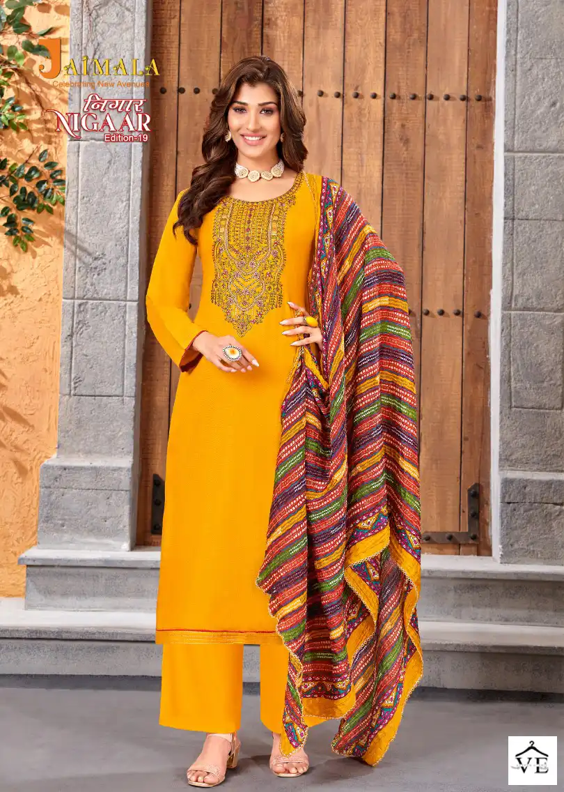 Alok Suits Jaimala Nigaar Vol 19 Pure Rayon Slub Wholesale Salwar Suit Catalog — Wholesale Salwar Suits, MPA wholesale from Surat - Gallery Image 2
