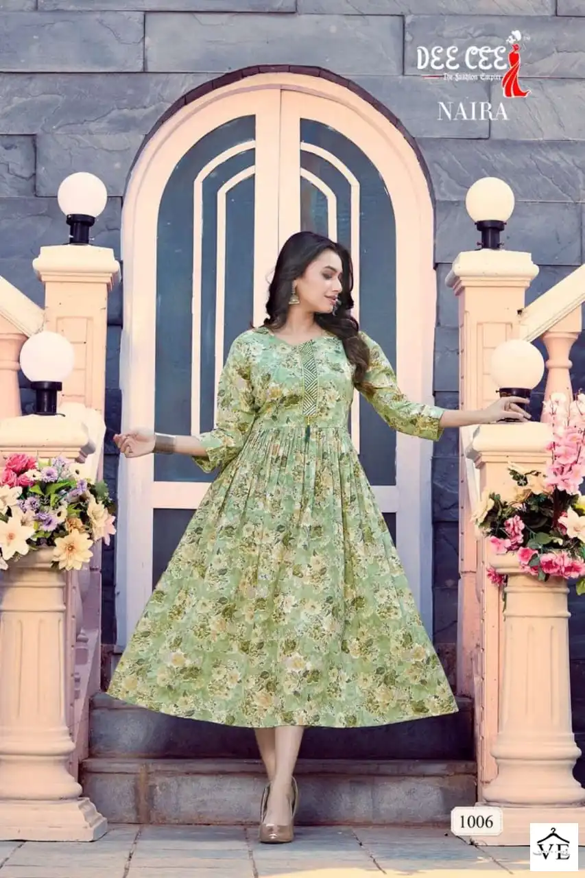 Deecee Naira Heavy Mal Print Wholesale Long Kurti Full Flaired Catalog — Wholesale Kurtis, MPA wholesale from Surat - Gallery Image 3
