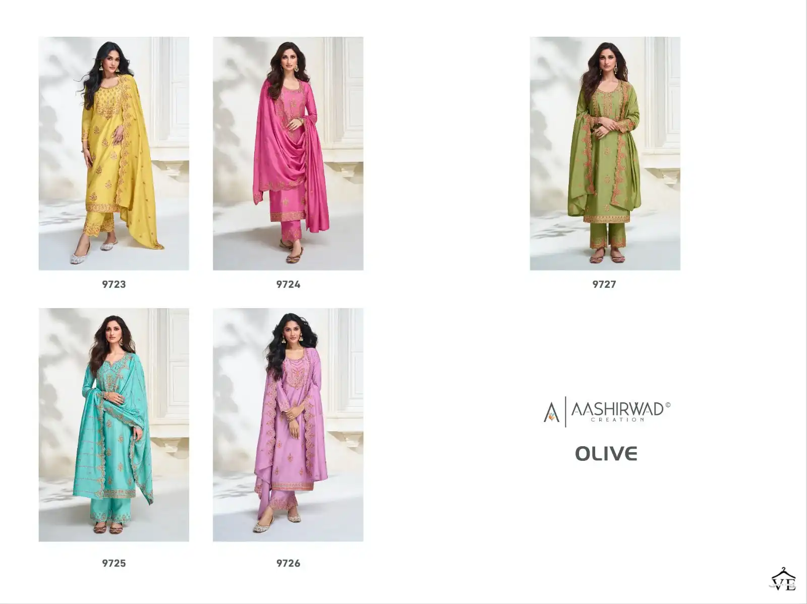 Aashirwad Olive 9723-9727 Premium Silk Wholesale Designer Wedding Salwar Suit Catalog — Wholesale Salwar Suits, Aashirwad Creation wholesale from Surat — view 7