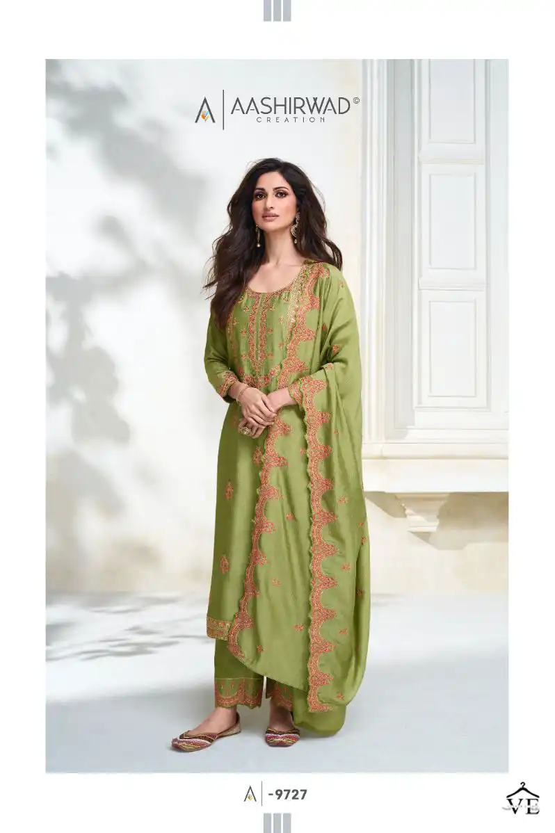 Aashirwad Olive 9723-9727 Premium Silk Wholesale Designer Wedding Salwar Suit Catalog — Wholesale Salwar Suits, Aashirwad Creation wholesale from Surat - Gallery Image 6