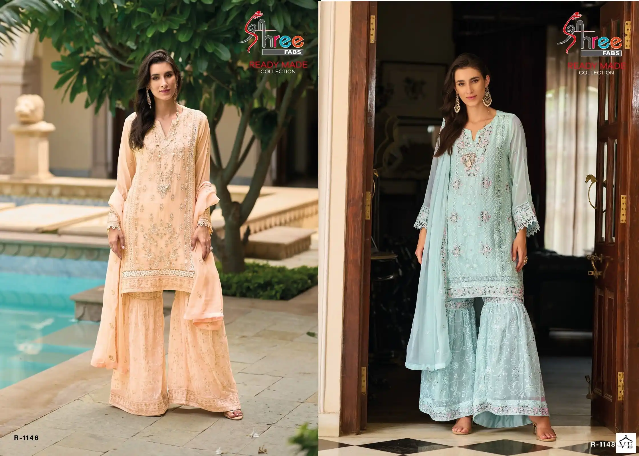 Shree Fabs R 1146 &amp; 1148 Chiffon Wholesale Designer Readymade Pakistani Sharara Suits Catalog — Wholesale Salwar Suits, MPA wholesale from Surat — view 3