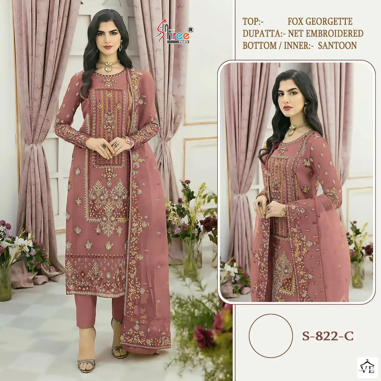 Shree Fab S -822 Faux Georgette Wholesale Pakistani Suit Catalog — Wholesale Salwar Suits, MPA wholesale from Surat - Gallery Image 4