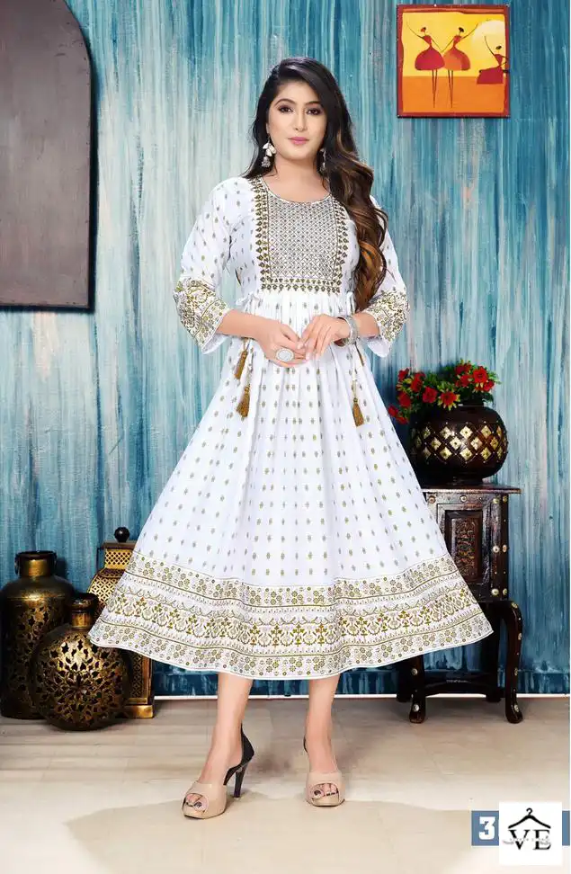 Vardan Ethnic White Floral 14 Kg Rayon Wholesale Long Kurtis Catalog — Wholesale Kurtis, MPA wholesale from Surat - Gallery Image 4