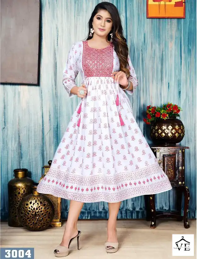 Vardan Ethnic White Floral 14 Kg Rayon Wholesale Long Kurtis Catalog — Wholesale Kurtis, MPA wholesale from Surat — view 1