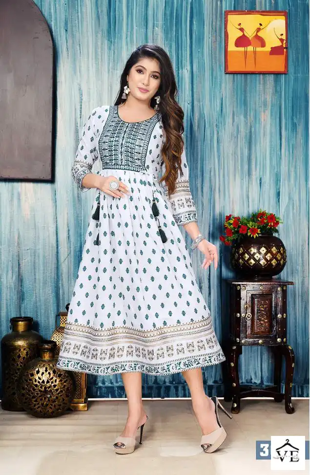 Vardan Ethnic White Floral 14 Kg Rayon Wholesale Long Kurtis Catalog — Wholesale Kurtis, MPA wholesale from Surat - Gallery Image 5
