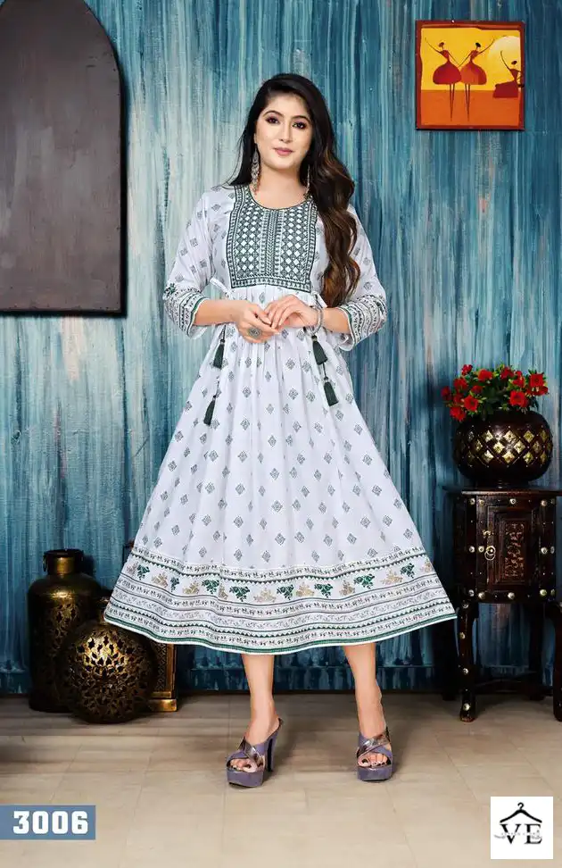 Vardan Ethnic White Floral 14 Kg Rayon Wholesale Long Kurtis Catalog — Wholesale Kurtis, MPA wholesale from Surat - Gallery Image 6