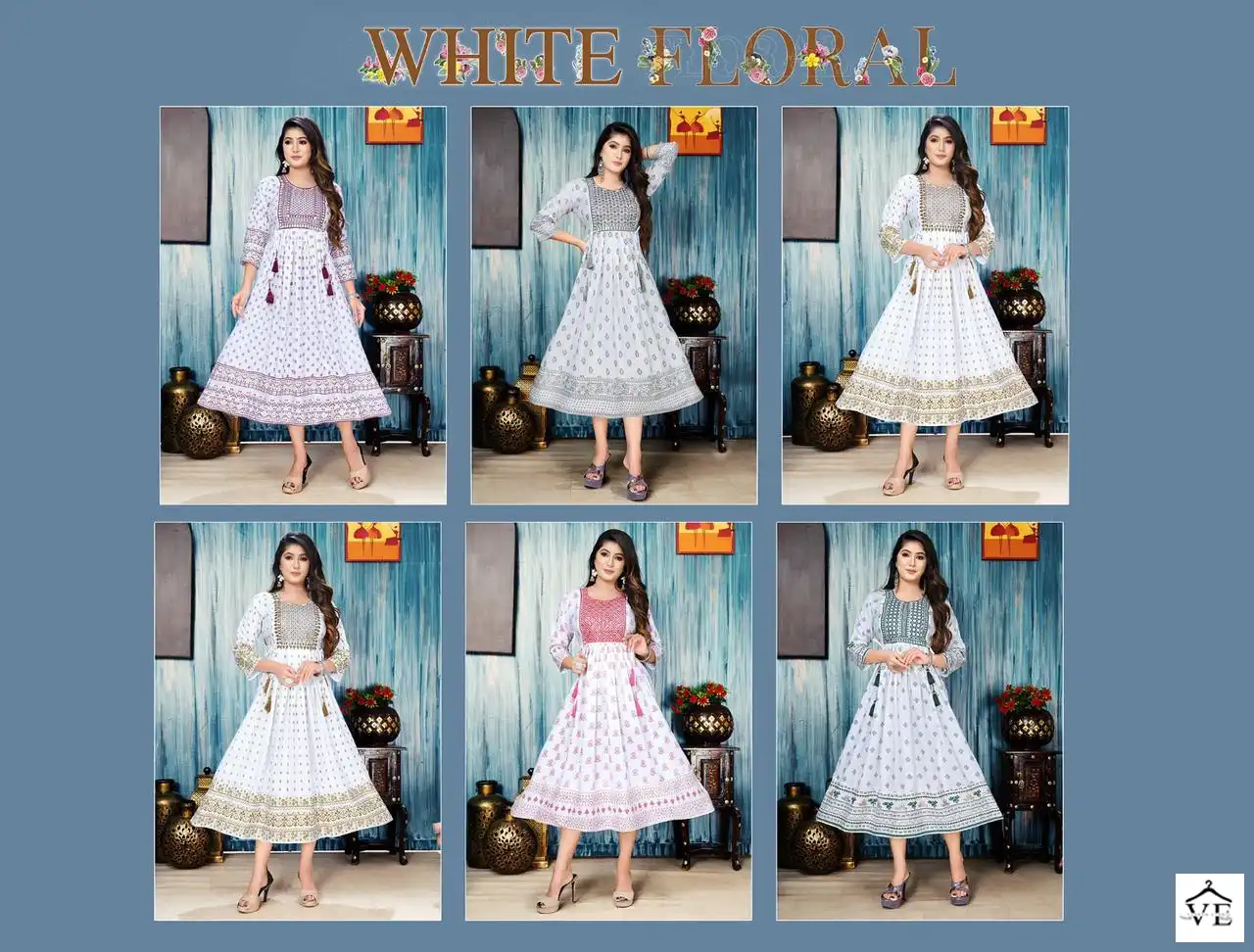 Vardan Ethnic White Floral 14 Kg Rayon Wholesale Long Kurtis Catalog — Wholesale Kurtis, MPA wholesale from Surat — view 7