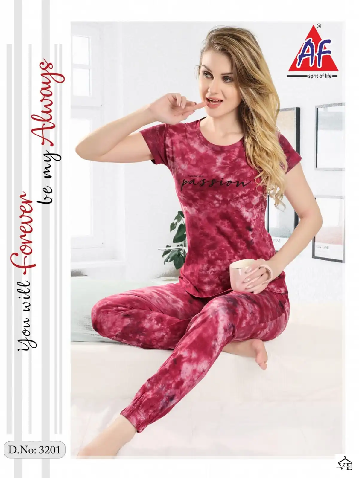 AF 3201 Tie And Die Wholesale Joggers Night Suit Catalog — Wholesale, MPA wholesale from Surat — view 3