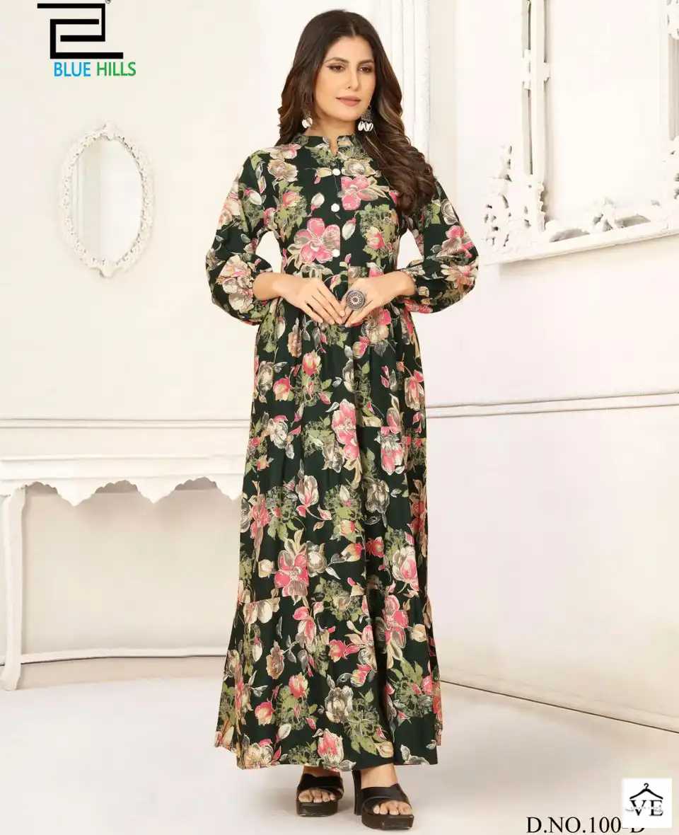 Blue Hills Ameesha 14 Kg Rayon Print Wholesale Long Gown Catalog — Wholesale Kurtis, Blue Hills wholesale from Surat — view 1