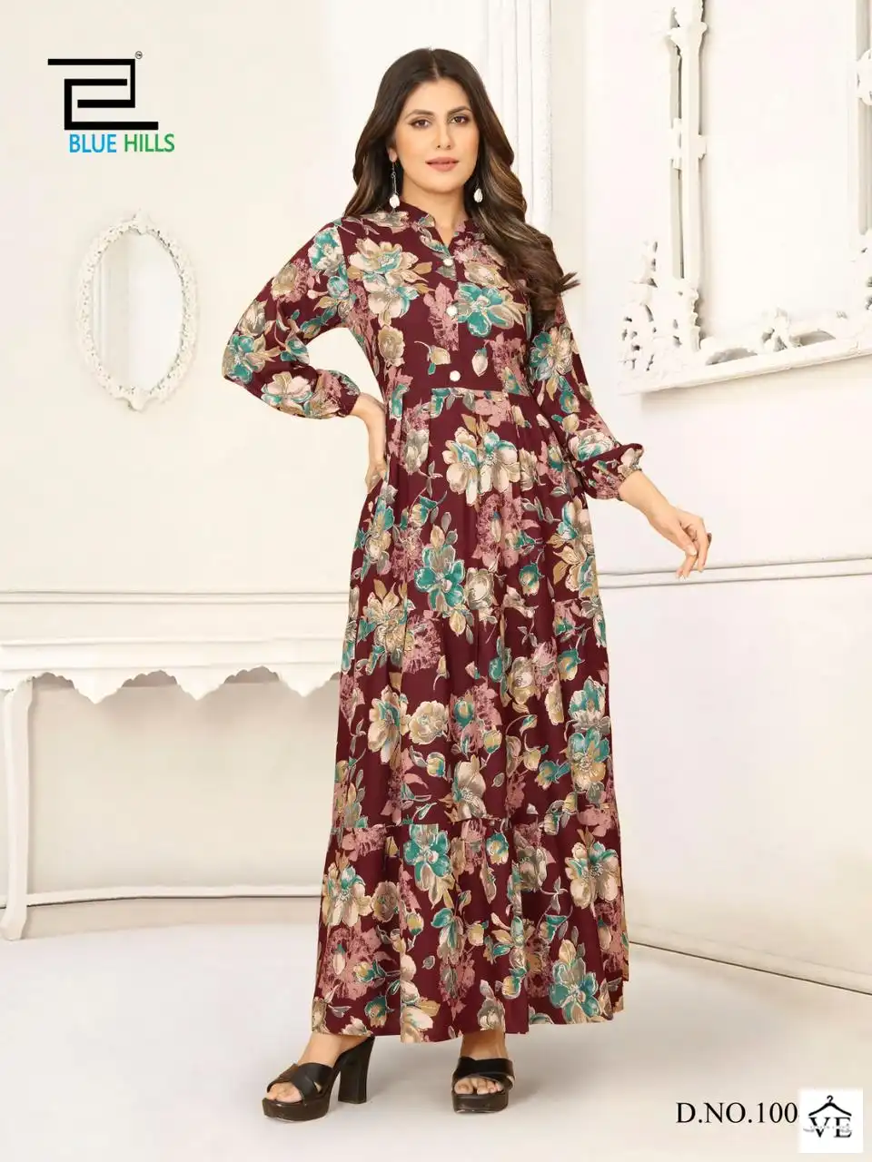 Blue Hills Ameesha 14 Kg Rayon Print Wholesale Long Gown Catalog — Wholesale Kurtis, Blue Hills wholesale from Surat - Gallery Image 3
