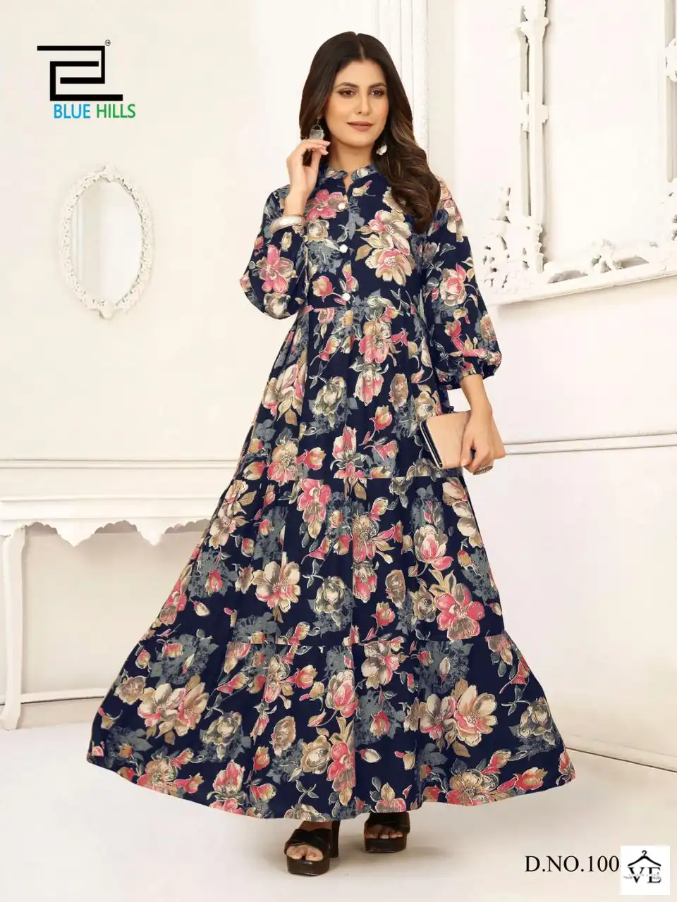 Blue Hills Ameesha 14 Kg Rayon Print Wholesale Long Gown Catalog — Wholesale Kurtis, Blue Hills wholesale from Surat — view 4