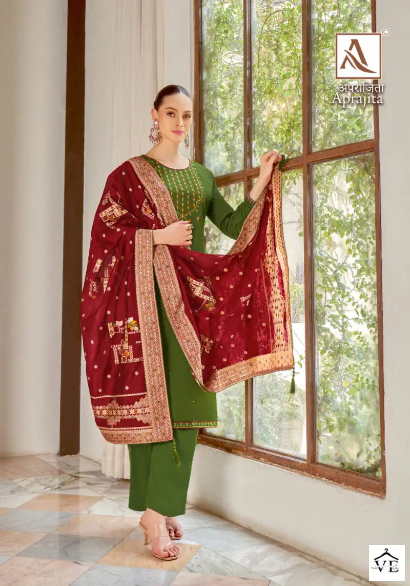 Alok Suits Aprajita Jam Cotton Wholesale Fancy Embroidery Work Salwar Suit Catalog — Wholesale Salwar Suits, Alok Suit wholesale from Surat - Gallery Image 6