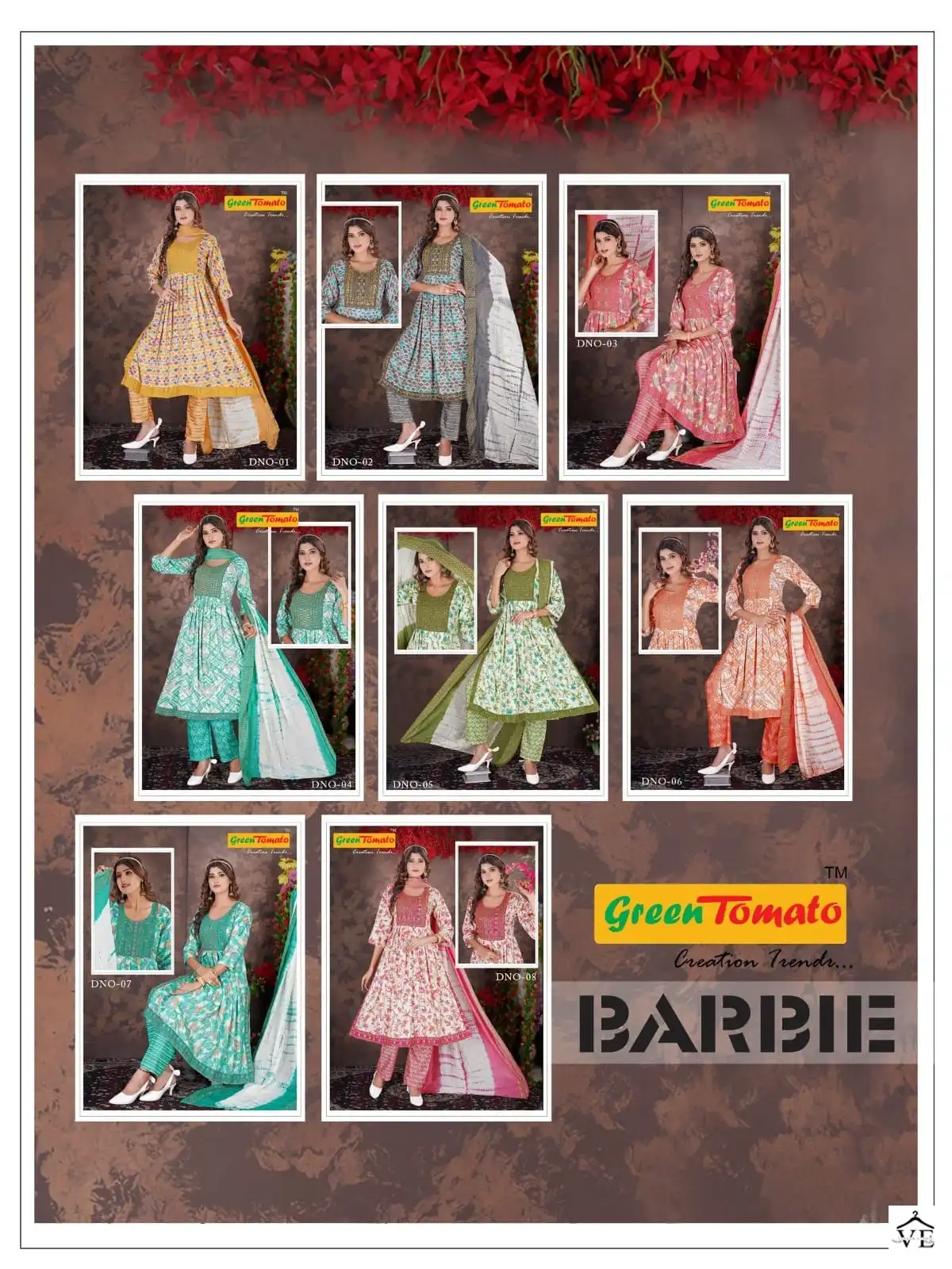 Green Tomato Barbie Vol 1 Rayon Wholesale Naira Style Readymade Salwar Suit Catalog — Wholesale Salwar Suits, MPA wholesale from Surat — view 9