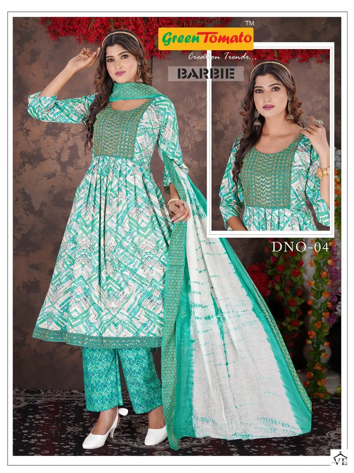 Green Tomato Barbie Vol 1 Rayon Wholesale Naira Style Readymade Salwar Suit Catalog — Wholesale Salwar Suits, MPA wholesale from Surat - Gallery Image 4