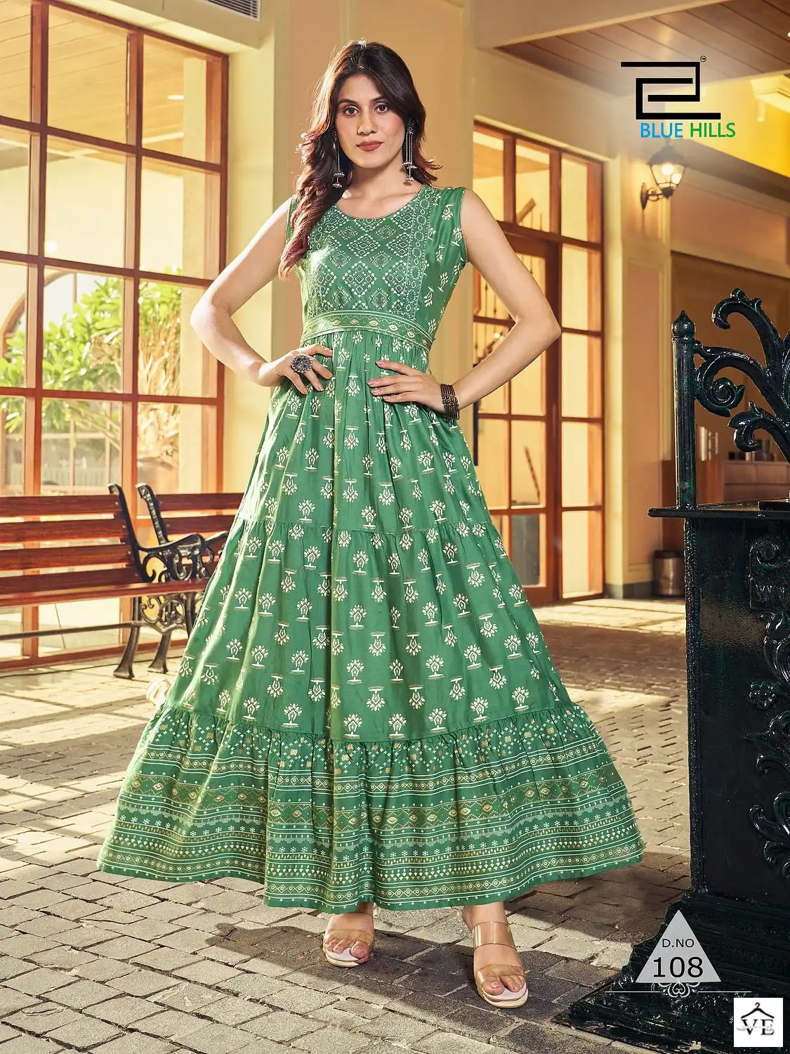 Blue Hills Bisleri Rayon 14Kg Wholesale Long Frill Gowns Catalog — Wholesale Kurtis, Blue Hills wholesale from Surat - Gallery Image 2