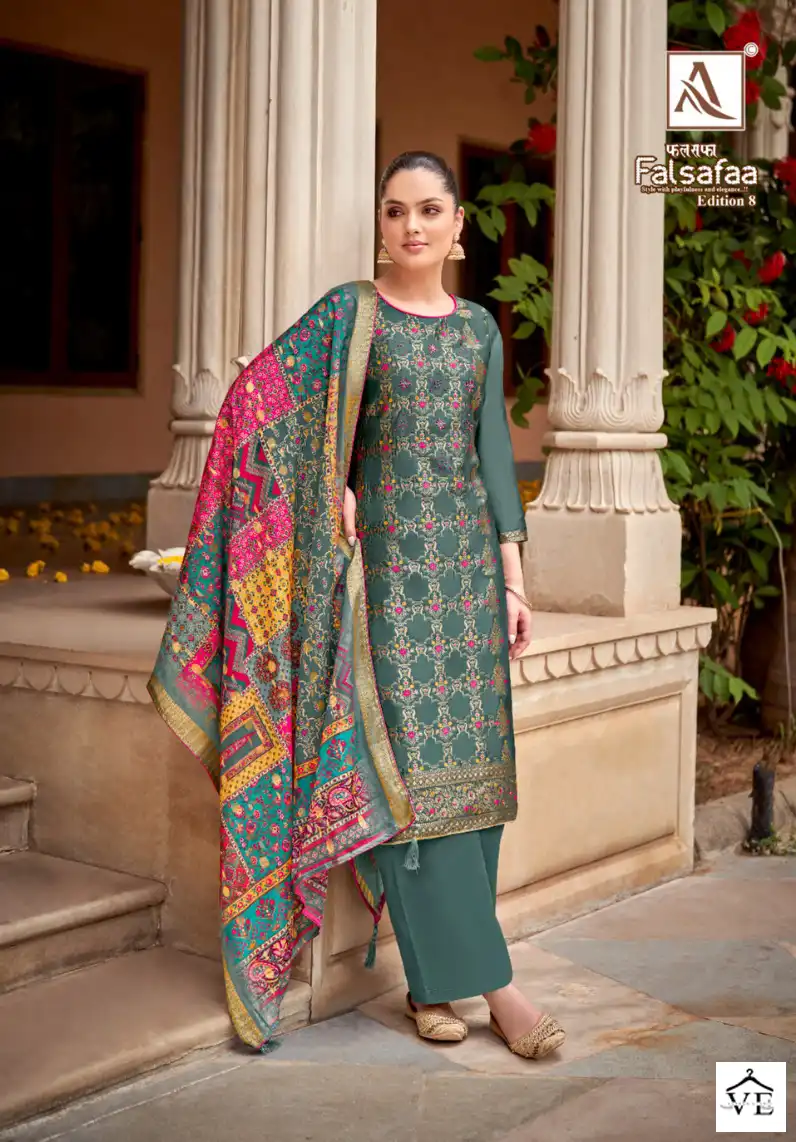 Alok Suits Falsafaa Edition Vol 8 Jacquard Wholesale Fancy Hand Work Designer Salwar Suit Catalog — Wholesale Salwar Suits, MPA wholesale from Surat - Gallery Image 4