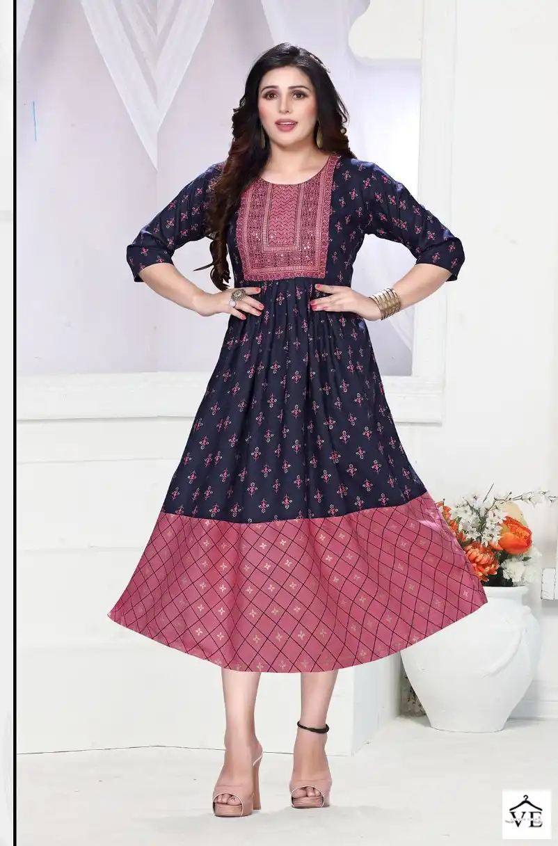 Vardan Ethnic Golden Miss Wow 2 Heavy Rayon 14 Kg Wholesale Long Kurtis Catalog — Wholesale Kurtis, MPA wholesale from Surat - Gallery Image 3