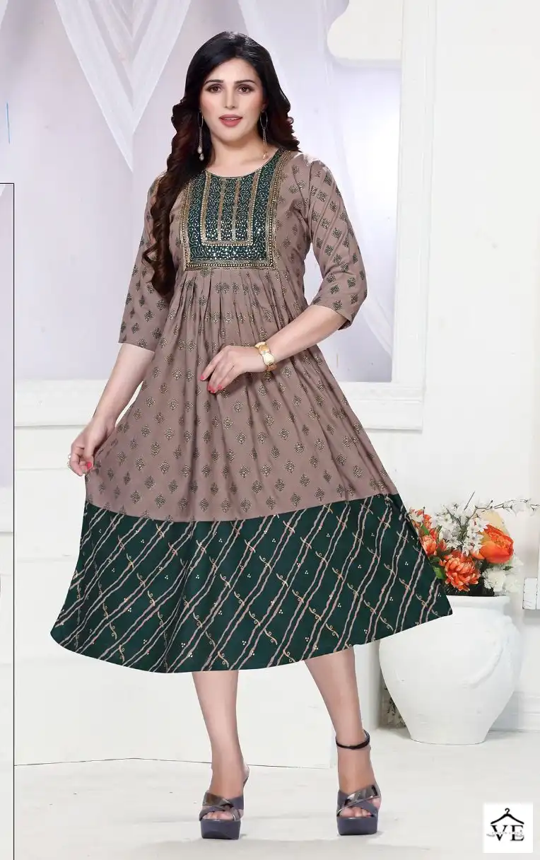 Vardan Ethnic Golden Miss Wow 2 Heavy Rayon 14 Kg Wholesale Long Kurtis Catalog — Wholesale Kurtis, MPA wholesale from Surat - Gallery Image 5