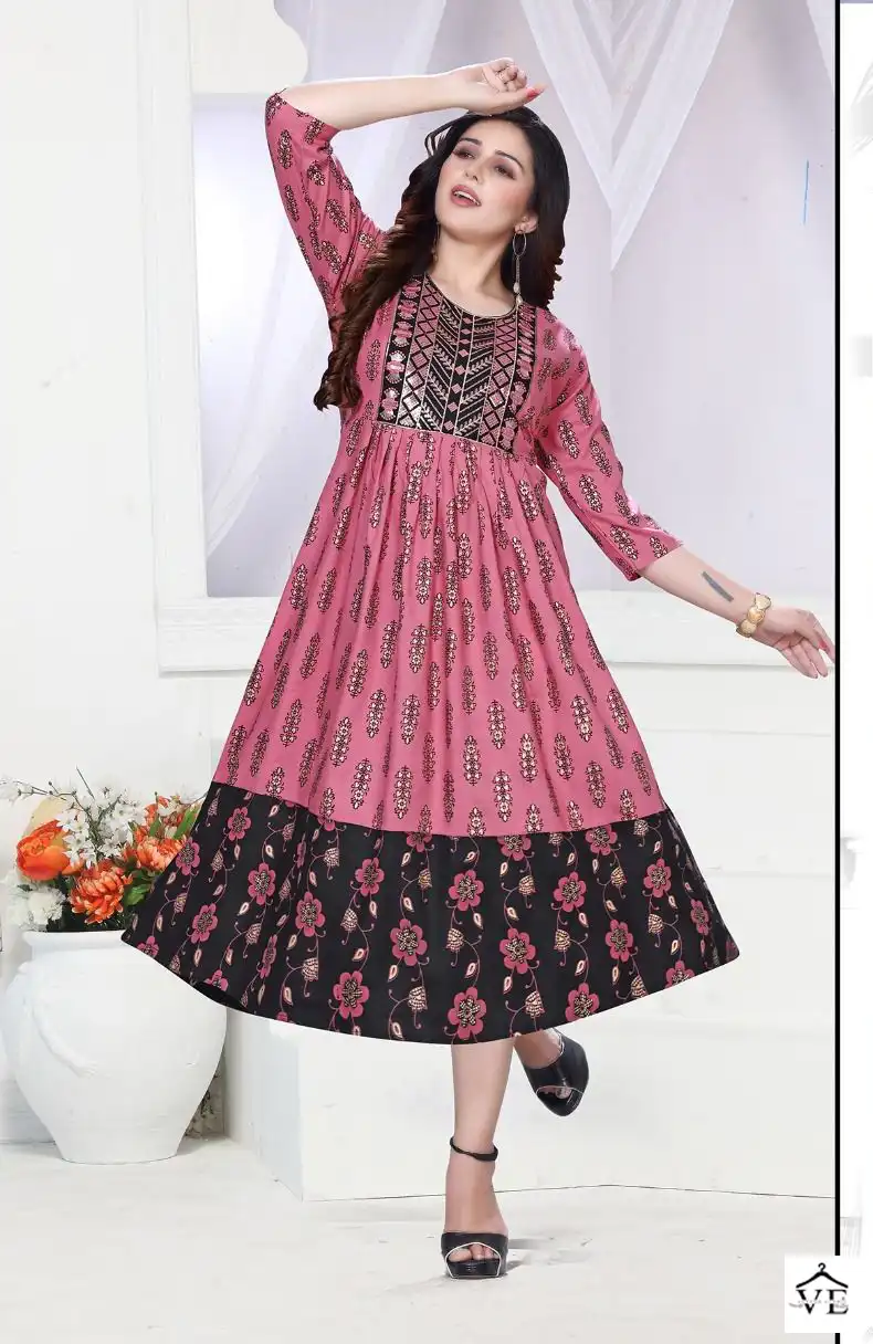 Vardan Ethnic Golden Miss Wow 2 Heavy Rayon 14 Kg Wholesale Long Kurtis Catalog — Wholesale Kurtis, MPA wholesale from Surat - Gallery Image 6